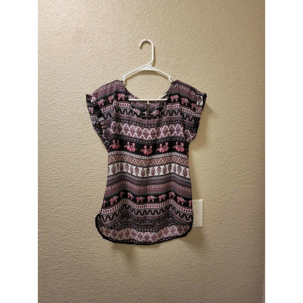 Pink Rose Elephant Print Boho Blouse Size XS